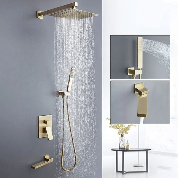 Robinet baignoire avec colonne de douche et douchette en laiton doré brossé - Design minimaliste pour salle de bain - Tête de douche carrée - Bec pivotant 180° - Encastrable.
