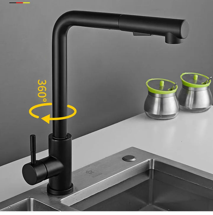 Un robinet évier de cuisine noir mat avec douchette flexible rétractable. Design minimaliste et élégant en acier inoxydable. Pivotement à 360°. Deux modes d'écoulement : classique et multijet. Dimensions : 35 x 26 cm.