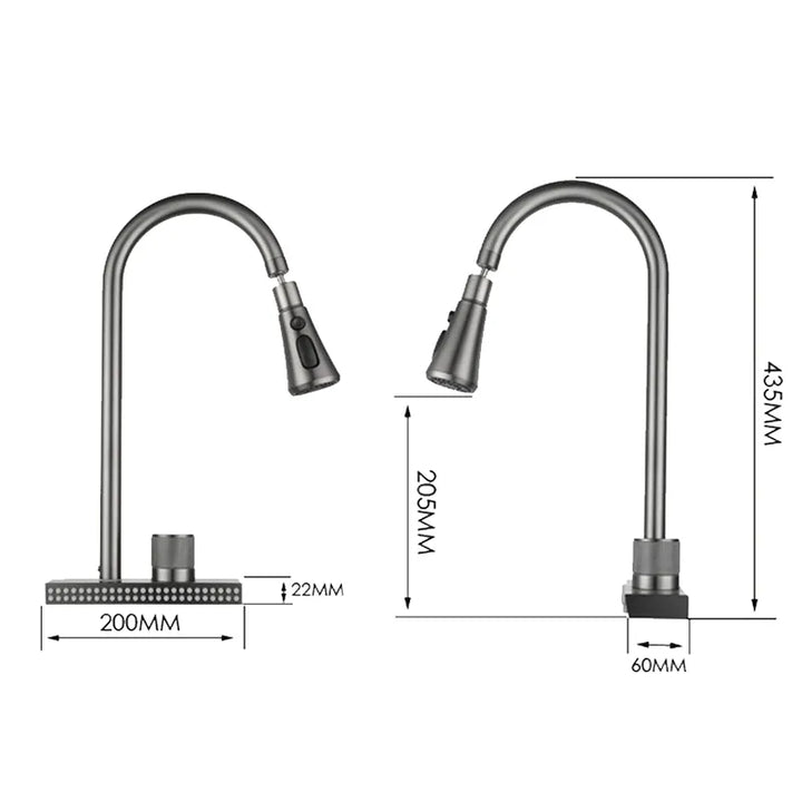 Un robinet évier cuisine cascade douchette multijet argenté en acier inoxydable avec poignée ronde, écoulement en cascade et douchette pivotante à 360°.