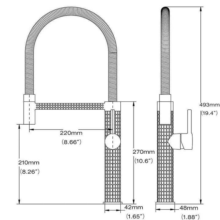 Un robinet évier cuisine design texturé flexible en laiton argenté - Atelier Du Robinet. Un diagramme détaillé d'un robinet avec un mitigeur latéral et un flexible en arc pour une utilisation aisée dans votre cuisine.