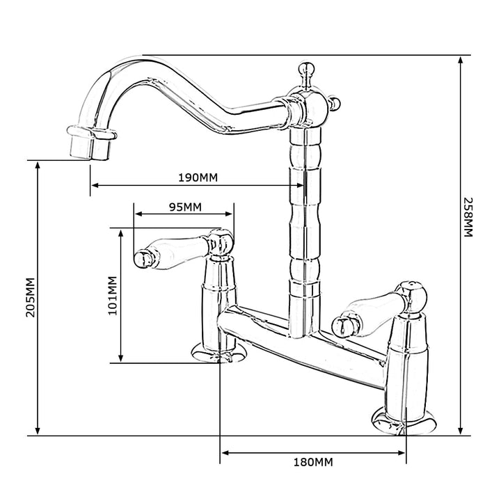 Un dessin d'un robinet de cuisine rétro avec poignées en céramique doré brossé en laiton massif. Hauteur de 258 mm, entraxe de 180 mm. Montage en surface, bec rotatif à 360 degrés. Caractéristiques détaillées du produit.
