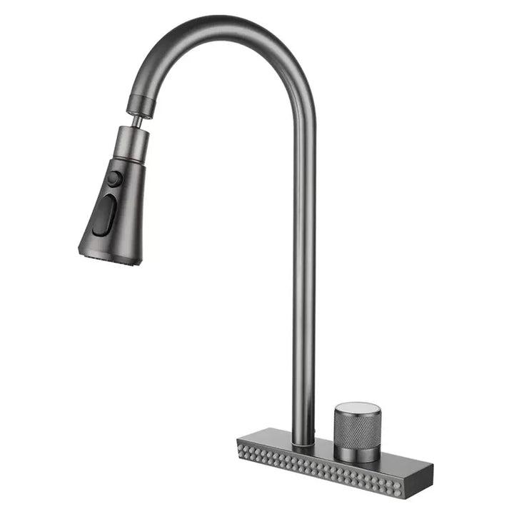 C'est un robinet pour évier de cuisine. Il a une douchette avec deux écoulements d'eau (classique, multijet, haute pression.) La douchette est pivotante à 360° et le bec du robinet l'est aussi. Sur le bas du robinet il y a une cascade. Le mitigeur est une poignée ronde. Il est argenté brossé en acier inoxydable.