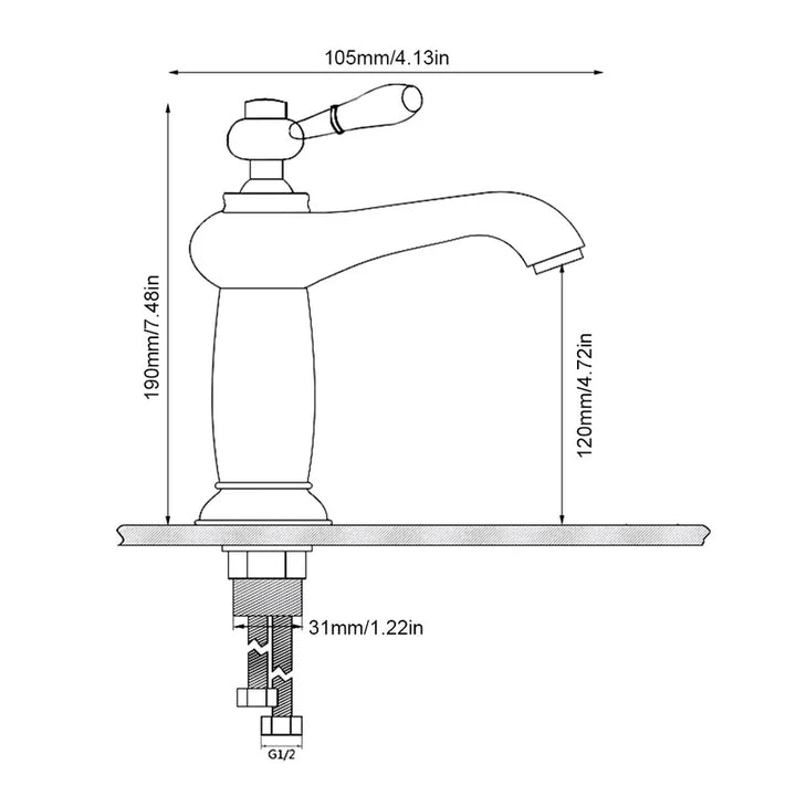 Un robinet de lavabo rétro en laiton avec une poignée en céramique, finition argentée chromée. Un mélange de style rétro et moderne pour une salle de bain élégante. Contrôle facile et précis de la température. Dimensions : 190 mm x 105 mm.