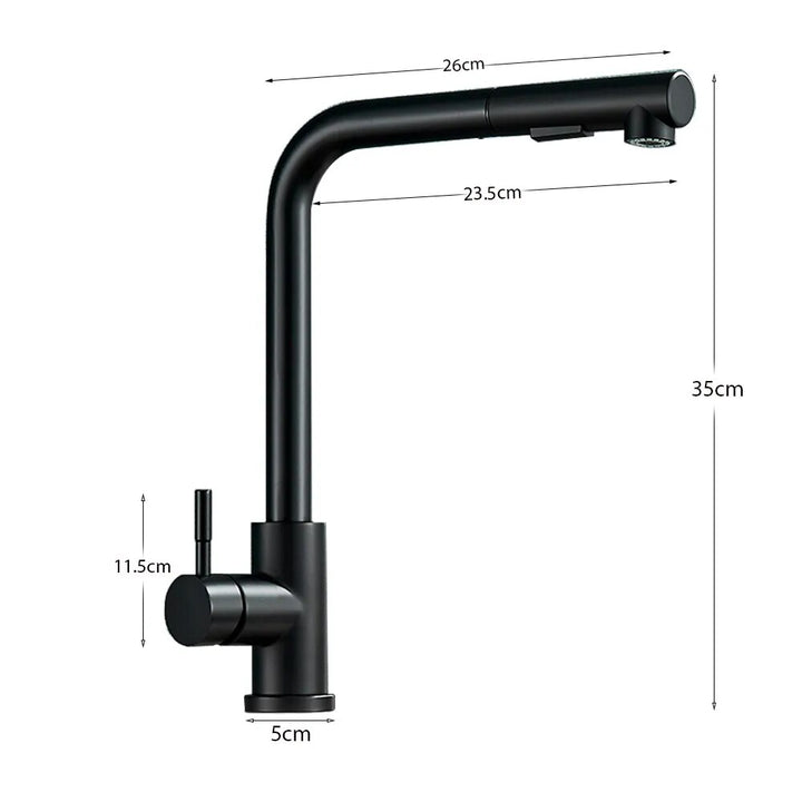 Robinet évier cuisine minimaliste avec douchette flexible rétractable - Noir mat, acier inoxydable, 35 x 26 cm, deux modes d'écoulement.