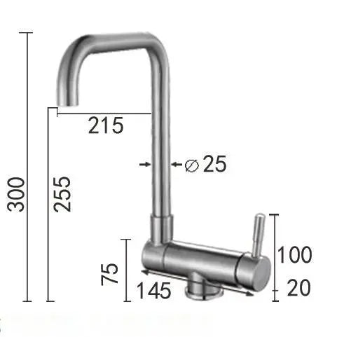 Robinet évier cuisine pivotant pliable mitigeur - Diagramme d'un robinet en acier inoxydable avec bec coudé pouvant se plier à 90° vers l'avant et pivoter à 360°. Idéal pour les cuisines modernes et les espaces restreints. Dimensions: 300 x 215 mm.