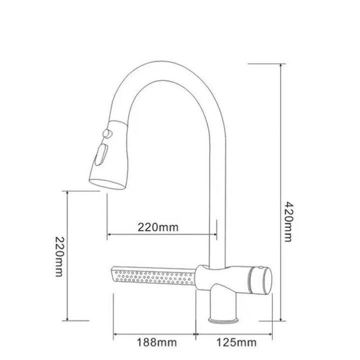 Robinet évier cuisine cascade flexible douchette en laiton - Jet cascade, poignée de mitigeur dorée, douchette sur flexible. Modes d'écoulement classique et double jet pression. Dimensions 420 x 220 mm.