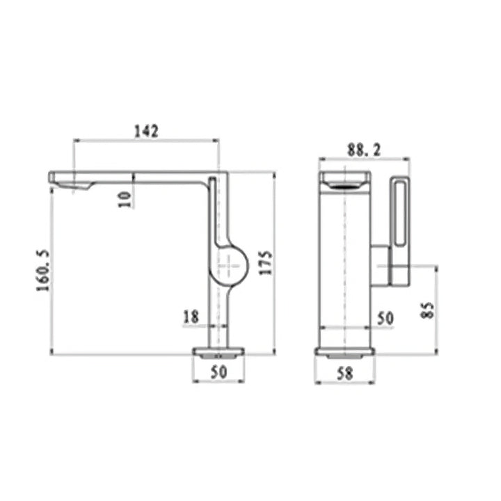 Un dessin d'un robinet lavabo plat rectangulaire minimaliste en laiton blanc pour salle de bain.