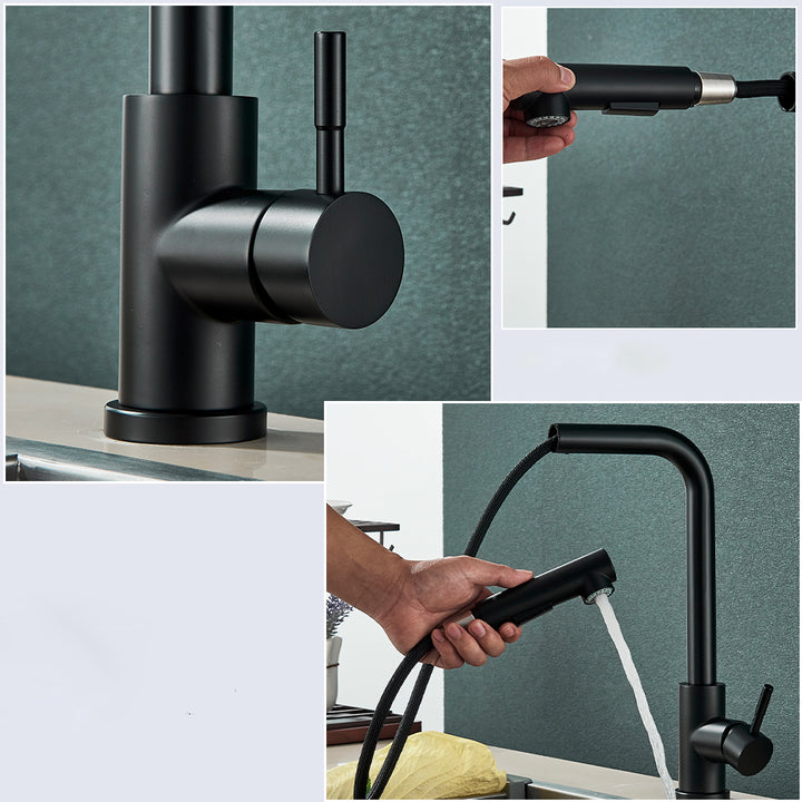 Un robinet d'évier de cuisine noir mat avec douchette flexible rétractable. Design minimaliste et élégant en acier inoxydable. Pivotement à 360°. Deux modes d'écoulement : classique et multijet. Dimensions : 35 x 26 cm.