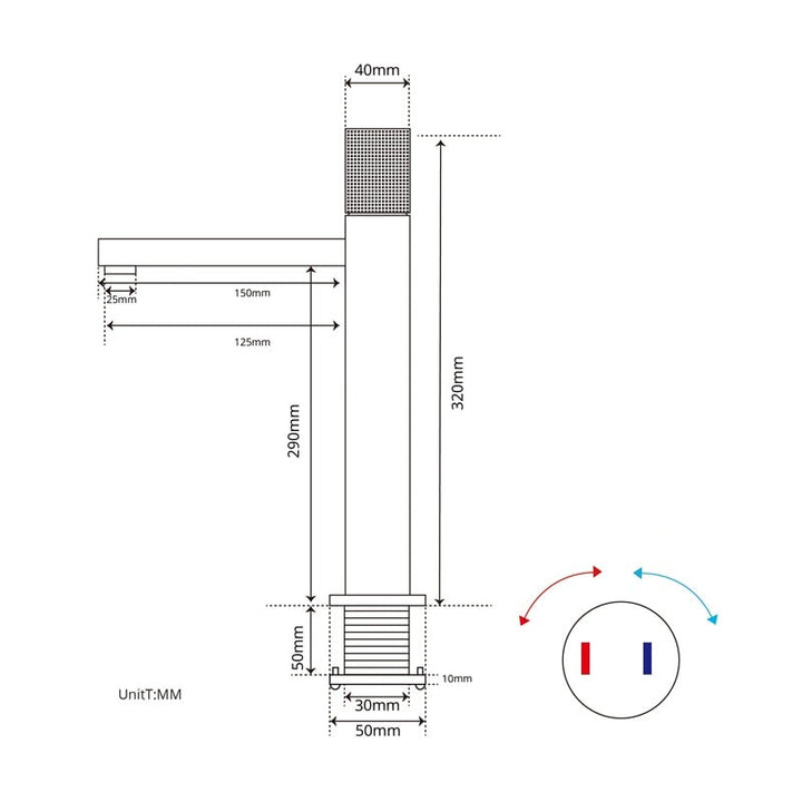 Un robinet lavabo salle de bain avec poignée ronde travaillée en laiton noir. Diagramme circulaire avec flèches pointant vers le centre. Rectangle rouge et bleu dans un cercle.