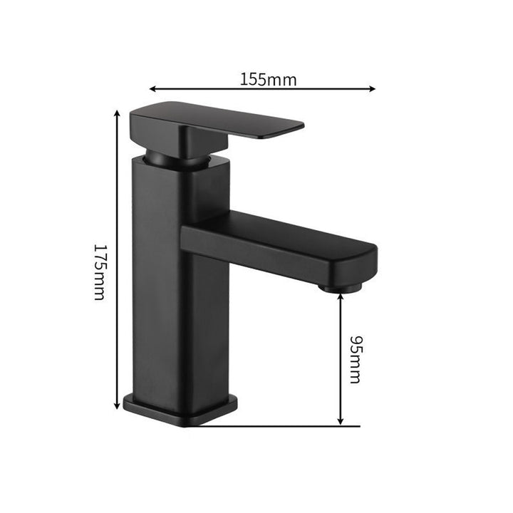 Robinet lavabo salle de bain carré en noir mat avec mesure et poignée noire. Géométrie contemporaine et matériaux durables pour une salle de bain sophistiquée. Dimensions : 175 x 155 mm. Contrôle manuel de la température.