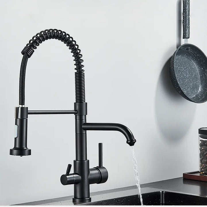 Robinet évier cuisine mitigeur douchette purificateur d'eau - Noir - Laiton. Robinet noir mat en laiton avec eau qui coule du robinet et douchette à deux modes d'écoulement.