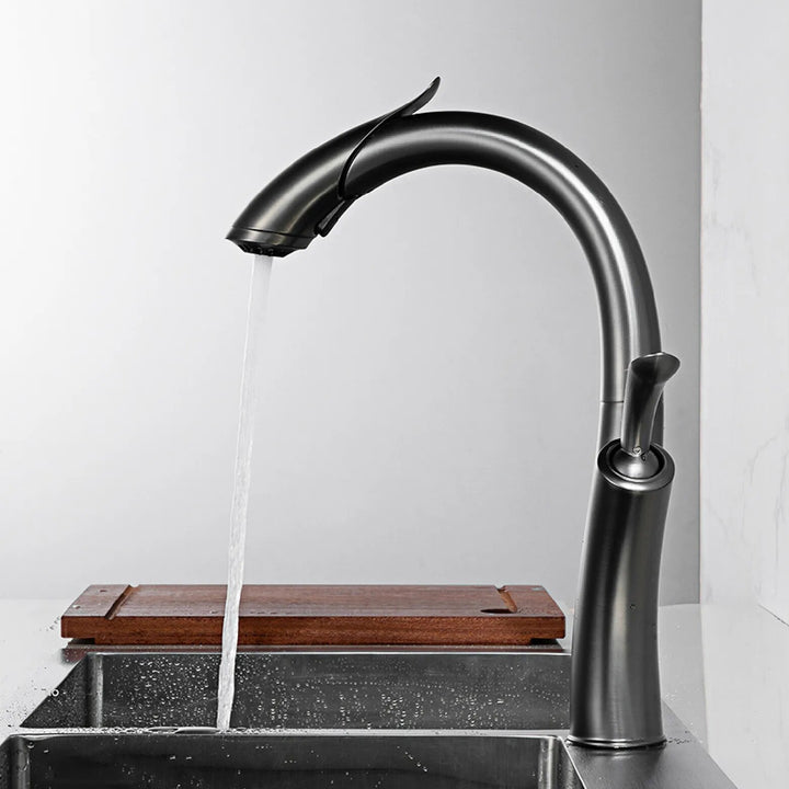 Un robinet de cuisine design avec eau qui coule et douchette flexible - Laiton argenté.