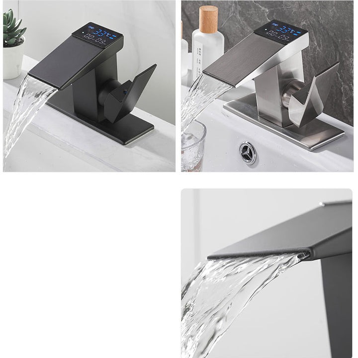 Un robinet thermostatique à affichage numérique en laiton noir mat pour salle de bain. Contrôle optimal de la température et de l'écoulement de l'eau en cascade. Design contemporain avec lignes nettes.