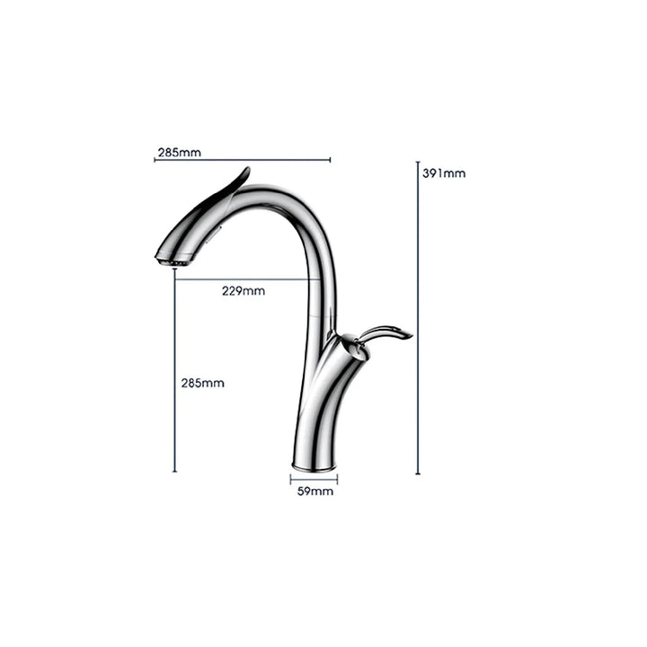 Robinet évier cuisine design flexible douchette - Diagramme d'un robinet avec un bec arrondi et une douchette intégrée offrant deux modes d'écoulement d'eau. En laiton blanc mat, ce robinet allie élégance et fonctionnalité.