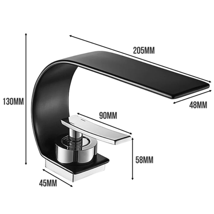 Robinet lavabo salle de bain plat incurvé - Noir, avec poignée argentée chromée. Design élégant en acier inoxydable 304 et laiton. Valve en céramique pour réguler la température de l'eau. Dimensions : 130 mm x 205 mm. Poids : 801,5 g.