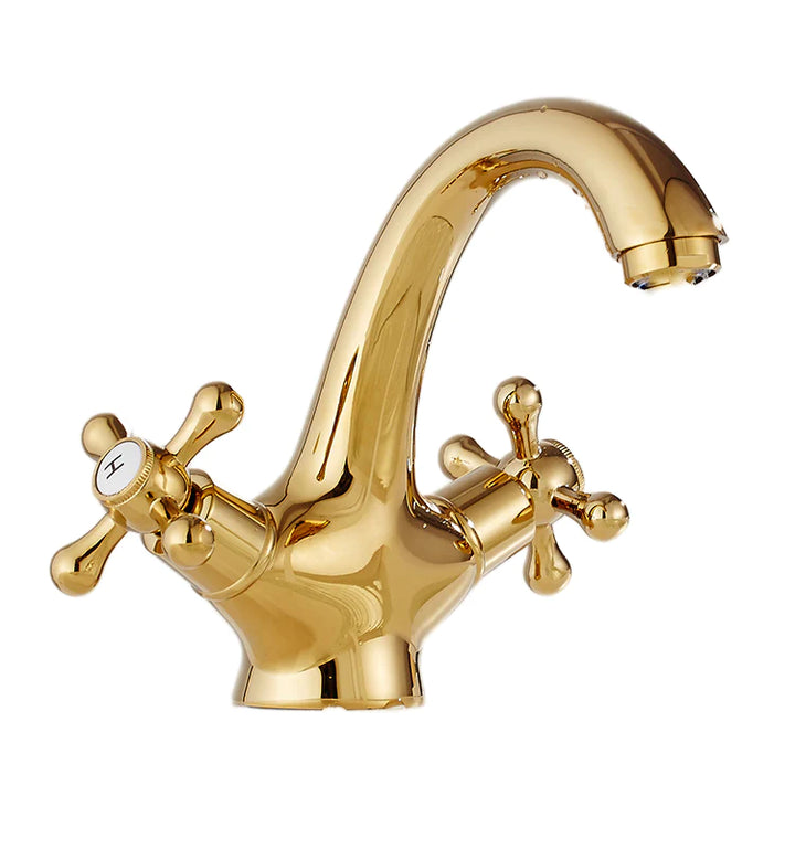 C'est un robinet pour lavabo de salle de bain. Il est doré brillant et de style rétro avec deux poignées pour la témpérature de l'eau.