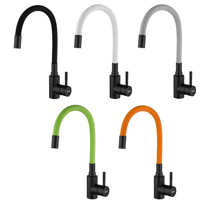 Un groupe de robinets évier avec différentes couleurs, dont un robinet évier cuisine flexible coloré mitigeur - Noir. Parfait pour une cuisine moderne alliant style et praticité. Matériau en acier inoxydable 304, valve en céramique robuste, et flexible coloré disponible en orange, blanc, vert, noir et gris. Dimensions : Flexible 490 mm, Base 42 mm. Idéal pour garantir un nettoyage optimal de votre évier.