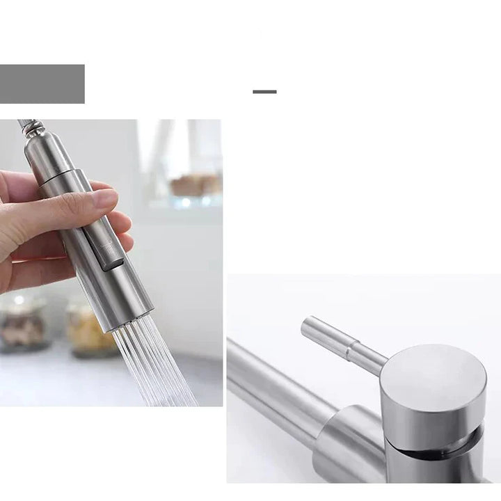 Un robinet évier cuisine design mitigeur tactile pivotant - Argenté, tenu par une main, offre une élégance discrète et des fonctionnalités high-tech pour votre cuisine. Avec une douchette à deux modes d'écoulement et un flexible intégré de 30 cm, il s'adapte à tous vos besoins. Ajoutez une touche de luxe à votre évier avec sa finition argentée brossée.