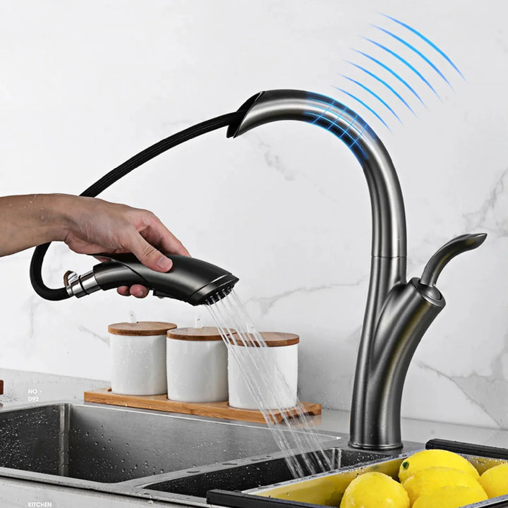 Un robinet évier cuisine design flexible douchette en laiton argenté chromé, brossé ou anthracite brossé. Contrôle du débit et de la température, deux modes d'écoulement d'eau. Parfait pour une touche de luxe et de modernité dans votre cuisine.