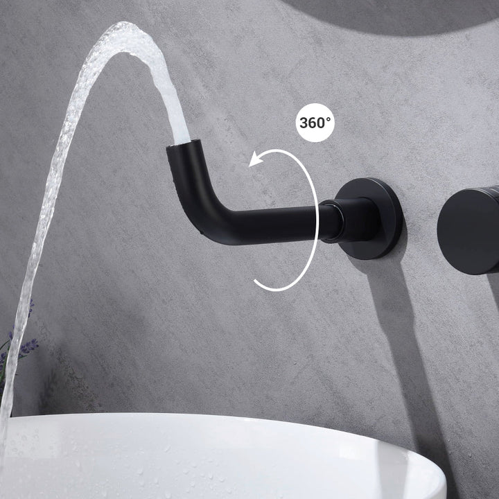 Un robinet mural encastrable mitigeur molette noir en laiton avec eau qui coule. Sublimez votre salle de bain avec ce robinet lavabo salle de bain mural encastrable.