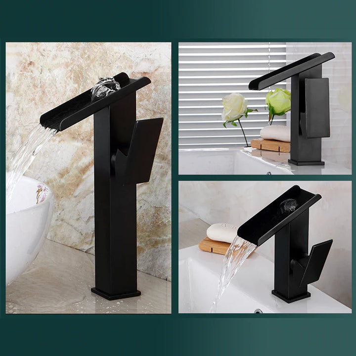 Un robinet lavabo noir mat avec un écoulement en cascade majestueux - design contemporain rectangulaire - en laiton.