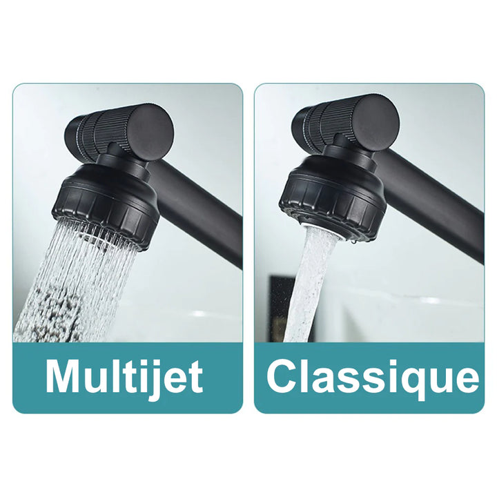 Un robinet lavabo salle de bain pivotant rotatif multijet en laiton noir mat avec détails dorés brillants. Deux modes de jets, classique ou multijet, pour répondre à tous vos besoins. Contrôle de la température manuel.