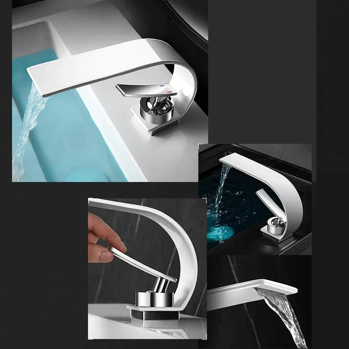 Un collage d'un robinet lavabo plat incurvé - Blanc, avec une poignée argentée chromée. Conçu en acier inoxydable 304 et laiton, ce robinet apporte une élégance contemporaine à votre salle de bain moderne.