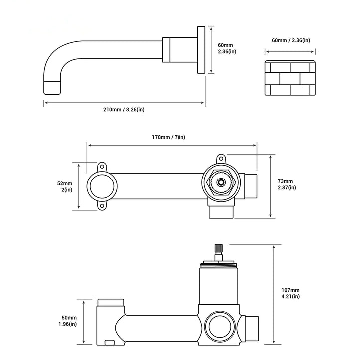 Un diagramme d'un robinet mural encastrable avec une molette, en laiton doré brossé. Parfait pour sublimer votre salle de bain avec son design minimaliste et sa finition moderne.