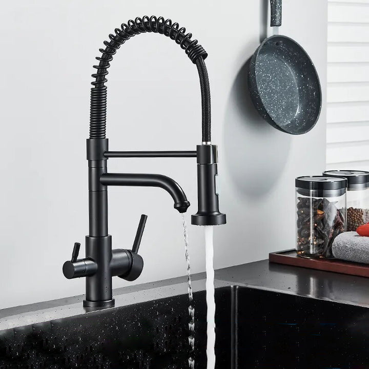 Robinet évier cuisine noir avec eau qui coule et douchette - Laiton. Design industriel, flexible orné d'un ressort. Sortie purificateur d'eau.