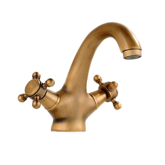 C'est un robinet pour lavabo de salle de bain. Il est de couleur bronze brossé et de style rétro avec deux poignées pour la température de l'eau.